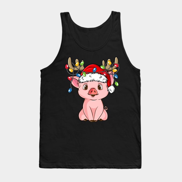 Pig With Santa Hat Reindeer Antlers Christmas Lights Tank Top by Kimko